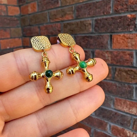 Taya 18KGold Plated Stainless Steel Waterproof Green Onyx Stone Cross Earrings - Picture 14 of 15
